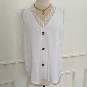 White Sleeveless Blouse with Lace Trim